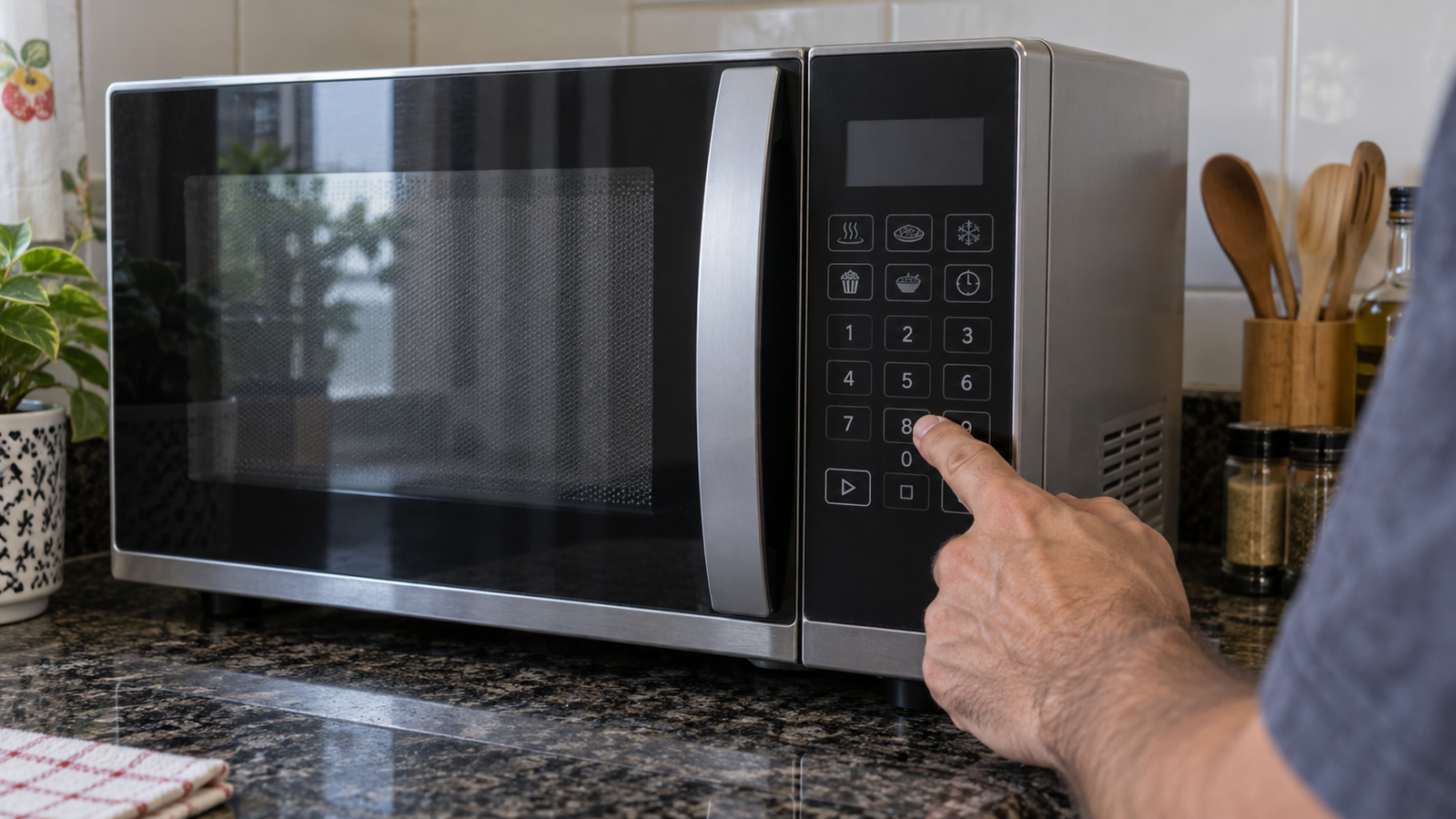 Pessoa tentando usar o teclado de um micro-ondas sem resposta